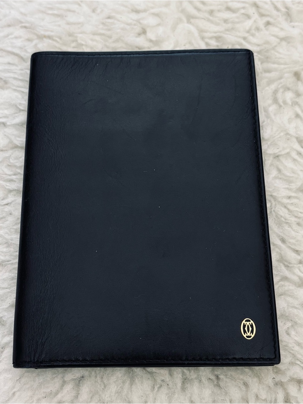 Cartier 2C Silver Logo Black Leather Passport Cards Bills Unisex Wallet